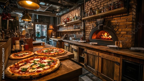 Interior view of an Italian restaurant kitchen with a brick oven and pizzas ready to serve, highlighting the art of pizza making