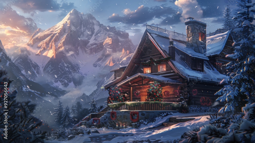 Obraz premium Snow-Covered Cozy Mountain Lodge Decorated for Christmas in Winter Wonderland Landscape