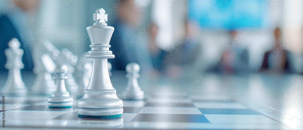 Silver chess pieces on a chessboard with blurred business people in the background. The image emphasizes strategic planning, decision-making, and leadership in a corporate environment. Silver chess pieces on a chessboard with blurred business people in the background. The image emphasizes strategic planning, decision-making, and leadership in a corporate environment.