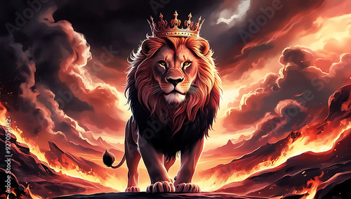 Lion king with a golden crown on a fire background, lion of Judah, lion wallpaper photo