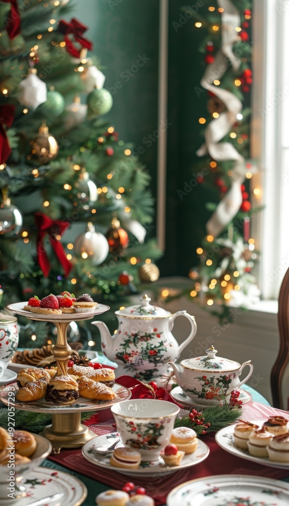 Festive Christmas Afternoon Tea Setup with Fine China, Holiday Pastries, and Decorated Tree Festive Christmas Afternoon Tea Setup with Fine China, Holiday Pastries, and Decorated Tree