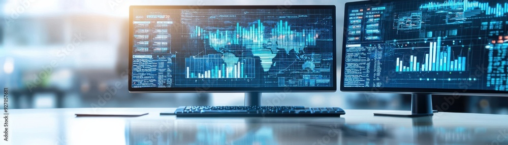 Modern workspace featuring dual monitors displaying data analytics and graphs for business intelligence and decision-making. Modern workspace featuring dual monitors displaying data analytics and graphs for business intelligence and decision-making.