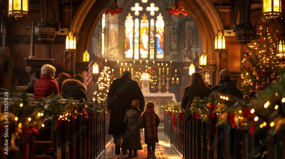 Family Attending Christmas Eve Church Service in Decorated Church Interior for Holiday Celebration Family Attending Christmas Eve Church Service in Decorated Church Interior for Holiday Celebration