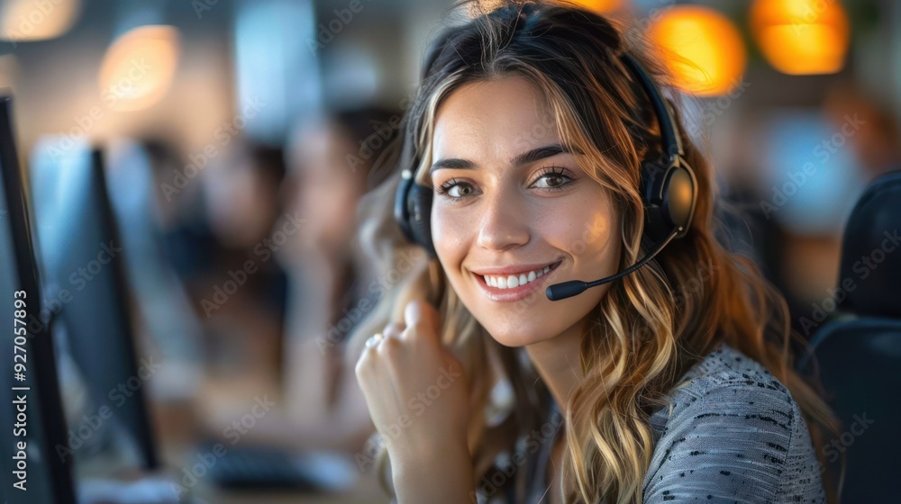 Smiling Call Center Agent Providing Excellent Customer Service with Headset On Smiling Call Center Agent Providing Excellent Customer Service with Headset On