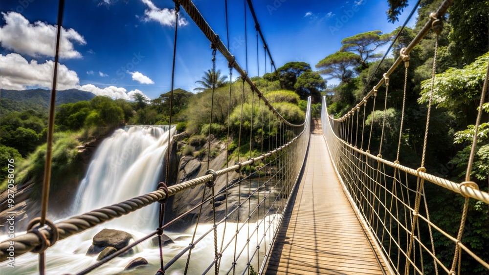 Obraz premium suspension bridge over a cascading waterfall