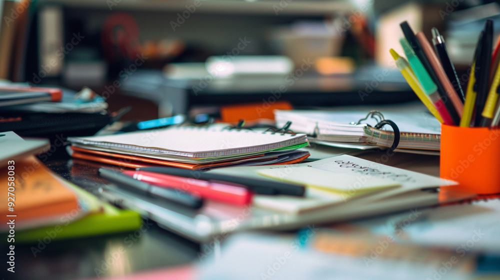 Close-up of a desk cluttered with office supplies, including pens, paperclips, and a notepad Close-up of a desk cluttered with office supplies, including pens, paperclips, and a notepad