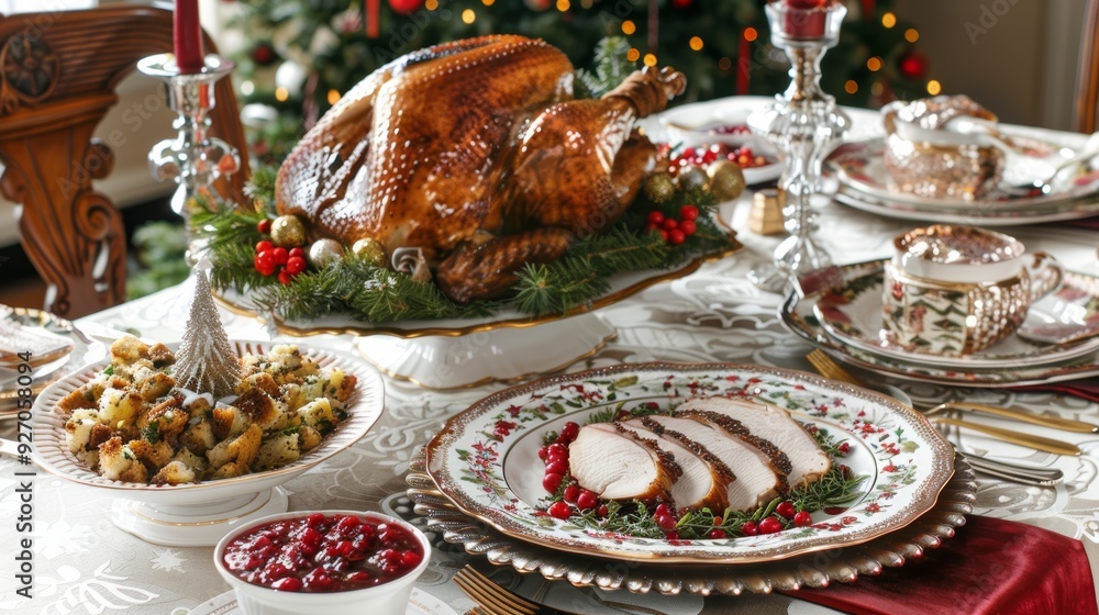 Festive Christmas Dinner Table with Roast Turkey, Stuffing, and Cranberry Sauce for Holiday Celebration Festive Christmas Dinner Table with Roast Turkey, Stuffing, and Cranberry Sauce for Holiday Celebration