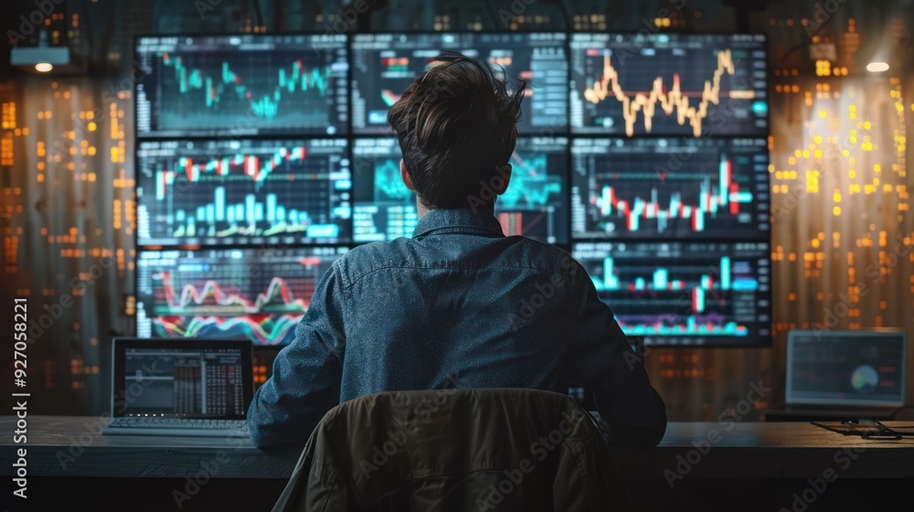 Behind the Scenes of Stock Trading: A Young Man in Casual Wear Observes Candlestick Charts on a Large Screen Behind the Scenes of Stock Trading: A Young Man in Casual Wear Observes Candlestick Charts on a Large Screen