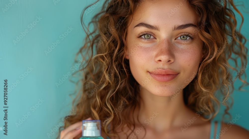 Curly-haired Beauty: Young Girl Holding Shampoo Bottle for Product Promotion Close-Up Curly-haired Beauty: Young Girl Holding Shampoo Bottle for Product Promotion Close-Up
