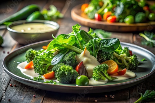 moody shadows verdant greens crispy vegetables dewy misty morning soft focus artistic blur creamy sauce natural light serene ambiance healthy obsession