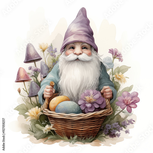 Adorable Gnome With Easter Eggs And Spring Flowers In A Whimsical Garden Setting