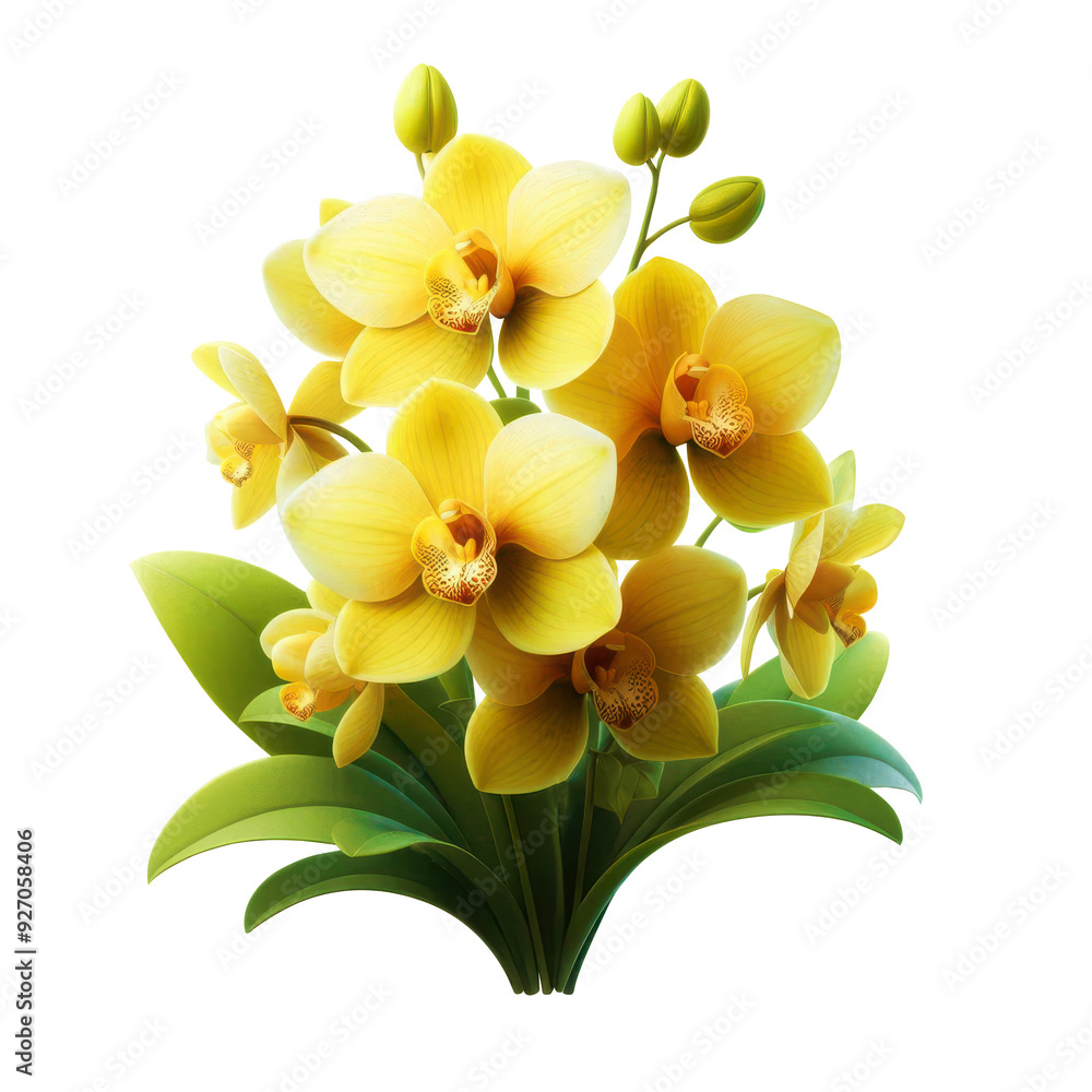 Naklejka premium Yellow orchid flower with leaves isolated on transparent background. Floral design element 