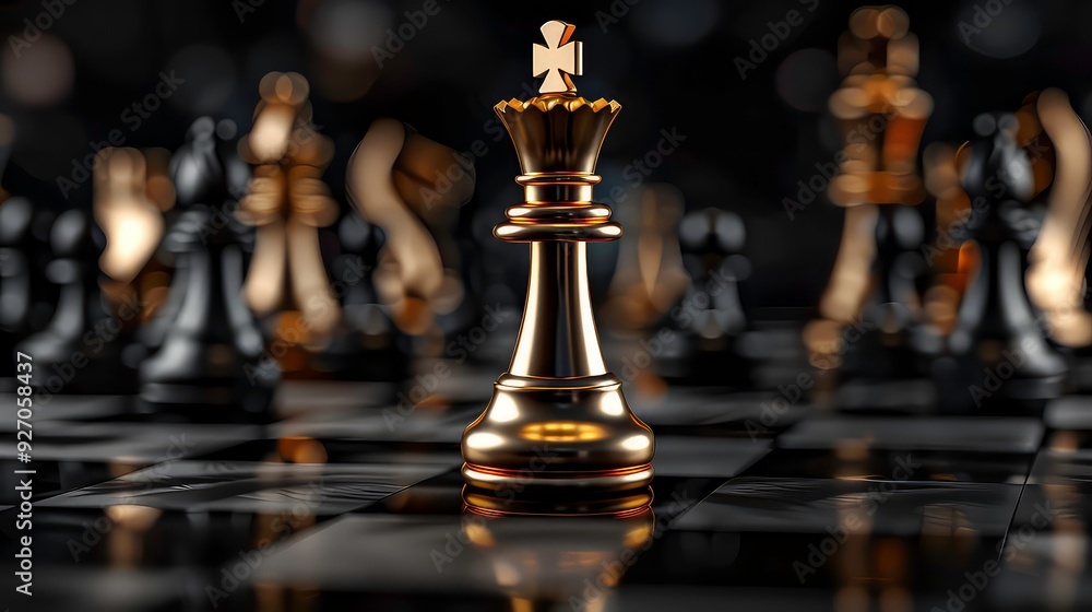 A golden chess queen stands tall on a black and white chessboard, surrounded by blurred pieces. A golden chess queen stands tall on a black and white chessboard, surrounded by blurred pieces.