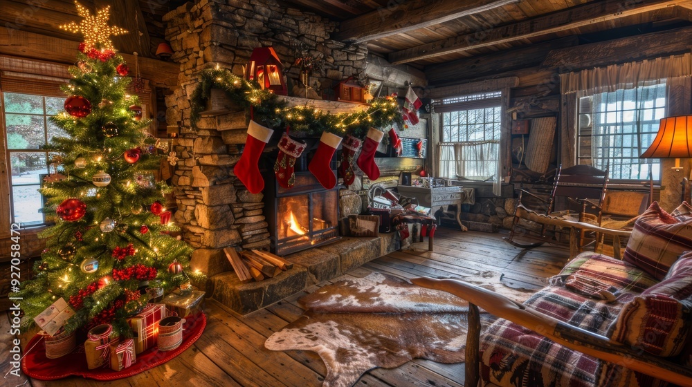 Cozy Rustic Cabin Living Room with Stone Fireplace and Decorated Christmas Tree for Holiday Cheer Cozy Rustic Cabin Living Room with Stone Fireplace and Decorated Christmas Tree for Holiday Cheer
