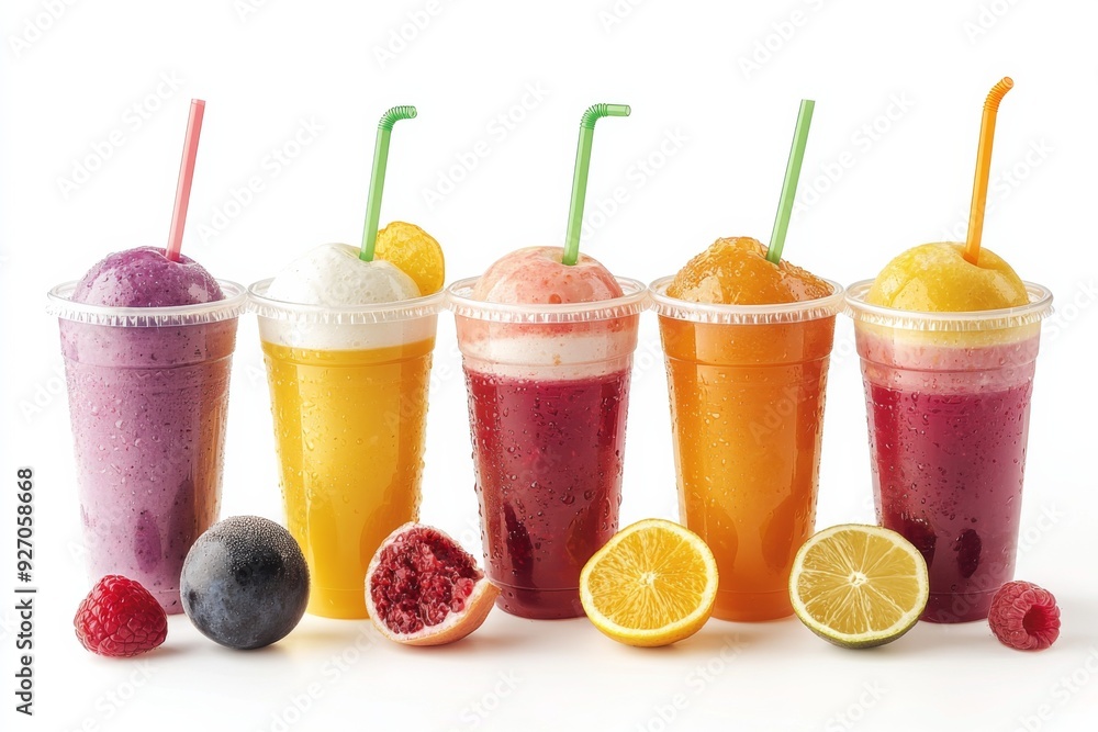 Juices and Floats in Plastic Cup on white background created with Generative AI Juices and Floats in Plastic Cup on white background created with Generative AI