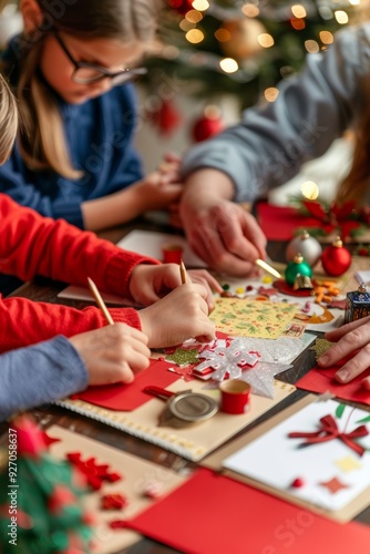 Family Crafting Homemade Christmas Cards Together with Holiday Decorations and Craft Supplies