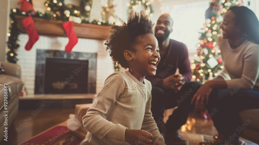 Obraz premium Joyful Family Playing Christmas Charades by the Festive Fireplace in a Cozy Living Room