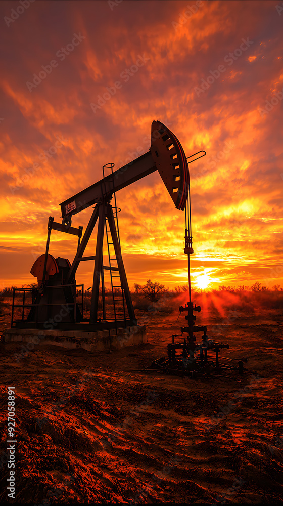 Dramatic sunset over an oil pump jack in a field, symbolizing energy production, industry, and environmental impact in vivid colors. Dramatic sunset over an oil pump jack in a field, symbolizing energy production, industry, and environmental impact in vivid colors.