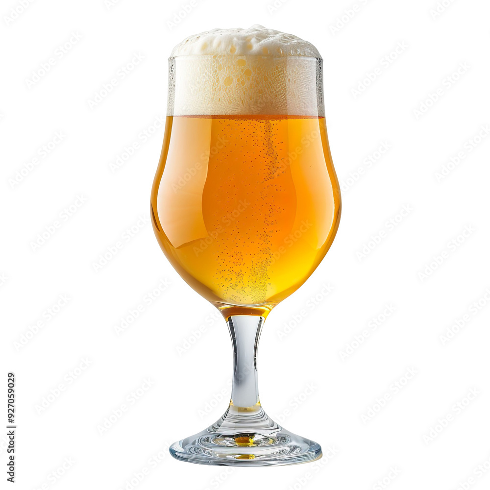 Front view of a Belgian golden strong ale in a goblet glass isolated on a white transparent background Front view of a Belgian golden strong ale in a goblet glass isolated on a white transparent background