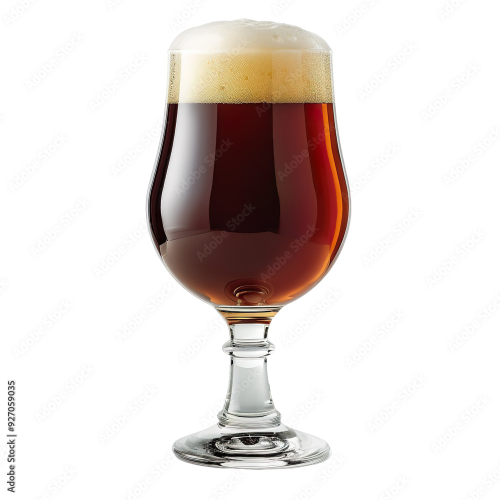 Front view of a Belgian dubbel in a goblet glass isolated on a white transparent background Front view of a Belgian dubbel in a goblet glass isolated on a white transparent background