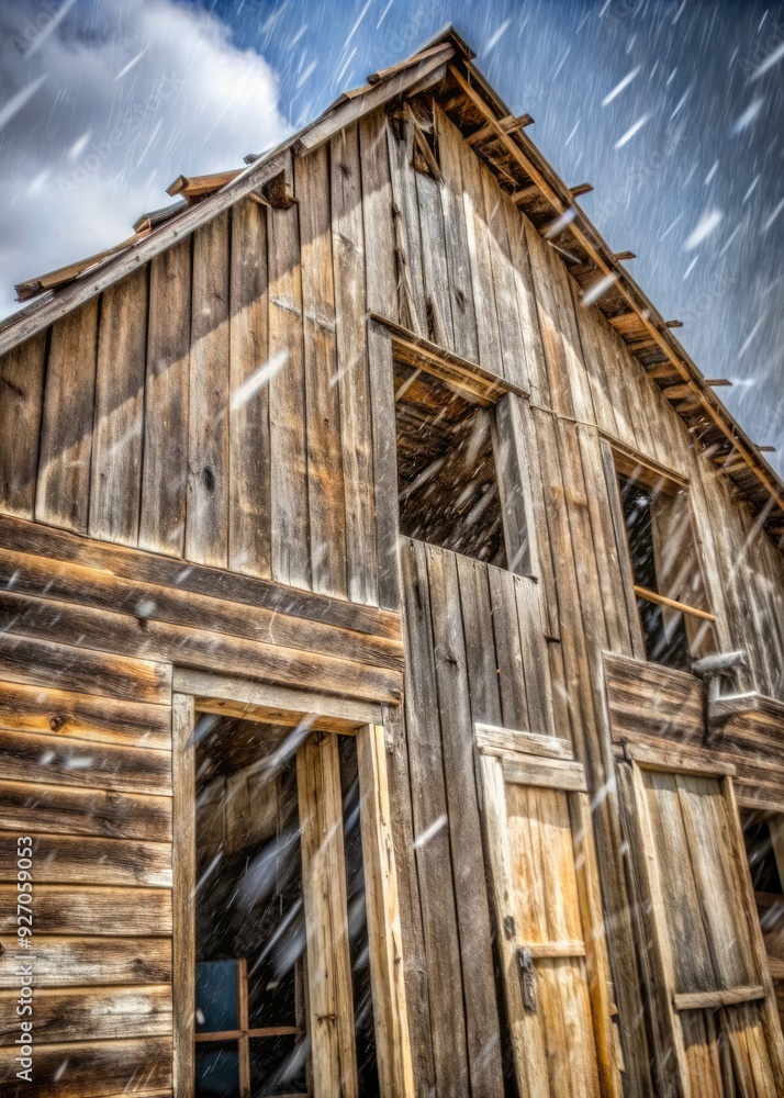 An old wooden barn stands weathered and worn by time. An old wooden barn stands weathered and worn by time.