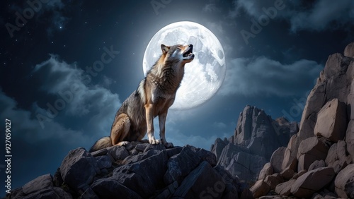 Majestic wolf howling at the moon, standing on a rocky outcrop, full moon illuminating the night sky.