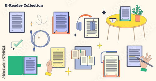 E-reader device for modern electric book reading tiny neubrutalism collection. Isolated elements with various tablet models for studying using digital e-book vector illustration. Digital mobile pad.