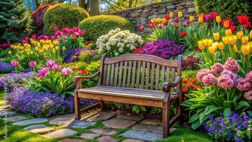 rich textures and tones highlight the satisfying result of a spring lawn cleanup with a rustic garden bench and vibrant blooming flowers rich textures and tones highlight the satisfying result of a spring lawn cleanup with a rustic garden bench and vibrant blooming flowers