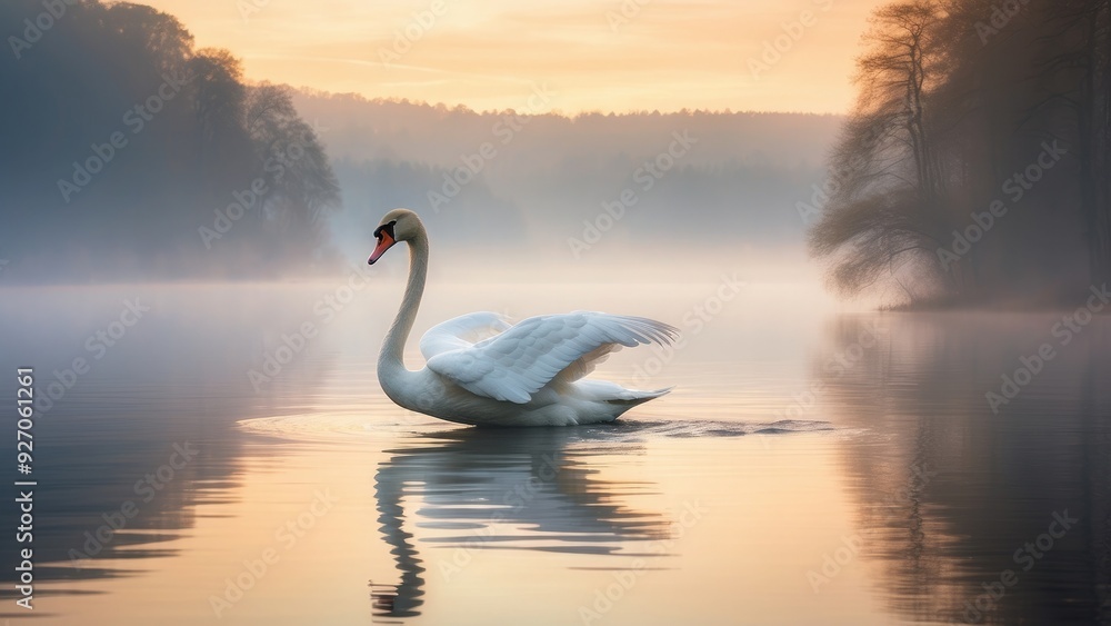 Graceful swan gliding across a serene lake at dawn, mist rising from the water, soft colors. Graceful swan gliding across a serene lake at dawn, mist rising from the water, soft colors.