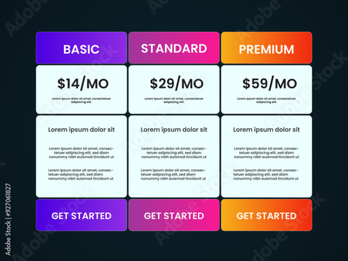 Pricing table. Price chart template, business plan pricing grid, web banner checklist design template. Vector compare price design list