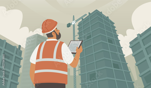 Construction engineer or architect with tablet in hand performing inspection at construction site. Flat style