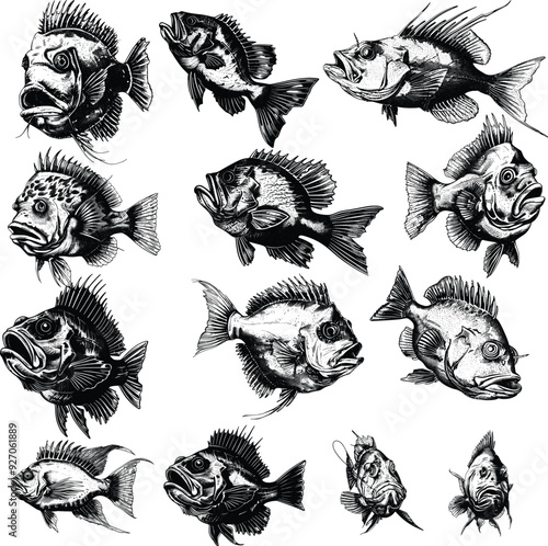 Anglerfish Set Illustration in Intricate Ink Sketch, Capturing the Mysterious Deep-Sea Creature with Hand-Drawn Vintage Detail