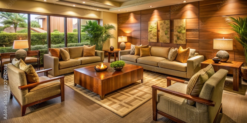 Tranquil patient lounge warm earth tones plush couches natural materials calming ambiance Tranquil patient lounge warm earth tones plush couches natural materials calming ambiance