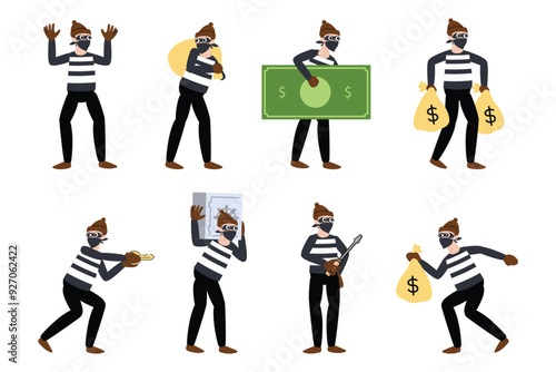 thief poses flat style illustration vector design set bundle