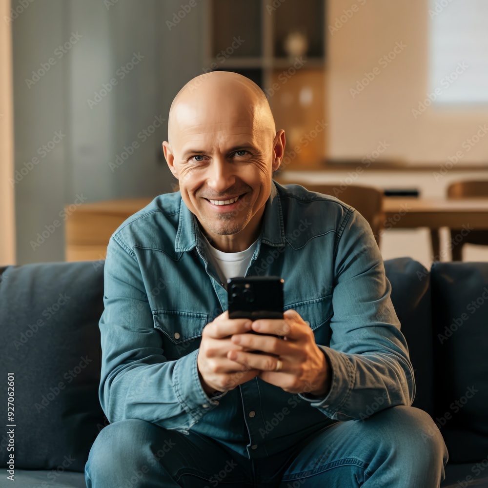 In a portrait setting, a content middle-aged man is comfortably positioned on his couch at home, utilizing his smartphone. He is actively scrolling through social media, reviewing financial apps, and In a portrait setting, a content middle-aged man is comfortably positioned on his couch at home, utilizing his smartphone. He is actively scrolling through social media, reviewing financial apps, and