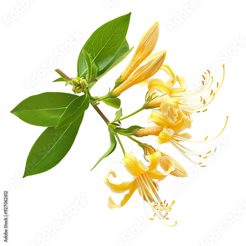 Yellow Honeysuckle Flower with Green Leaves. translucent photo