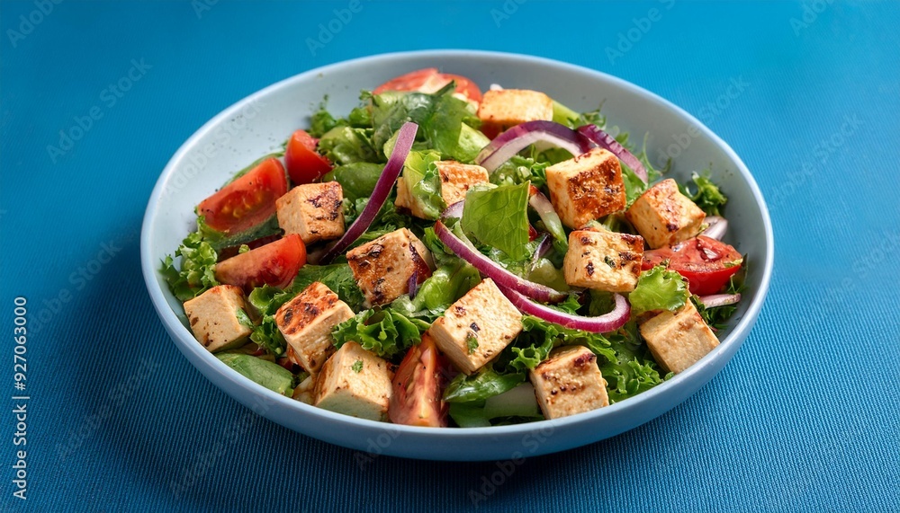 Indian healthy cuisine paneer salad on blue background Indian healthy cuisine paneer salad on blue background