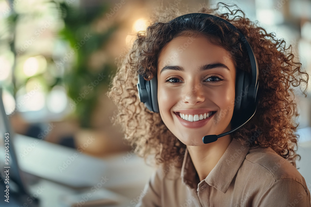 Smiling female customer service wearing a headset in a bright, modern office, providing excellent support Smiling female customer service wearing a headset in a bright, modern office, providing excellent support