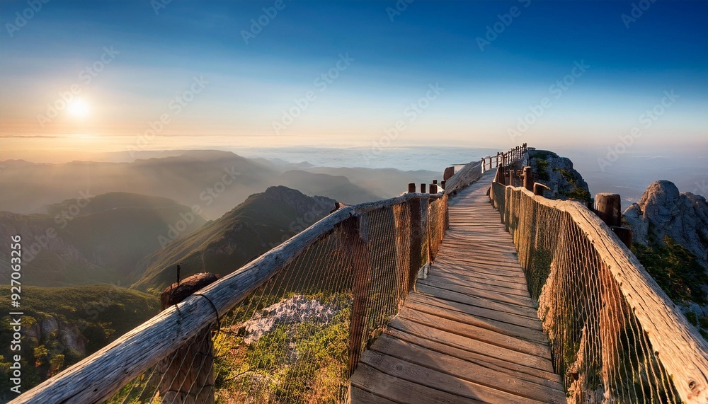 Obraz premium sunset over the mountains bridge, water, ocean, path, landscape, nature, pier, wooden, sunset, summer, walkway, wood