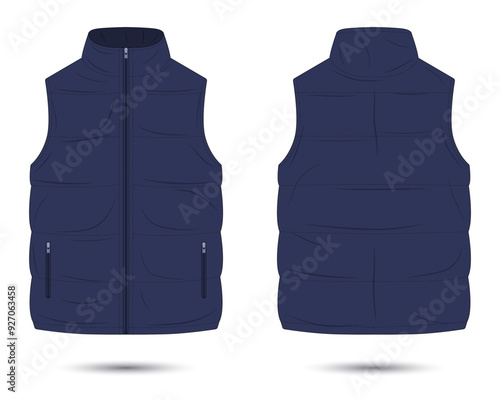 Dark blue puffer vest mockup. Vector illustration
