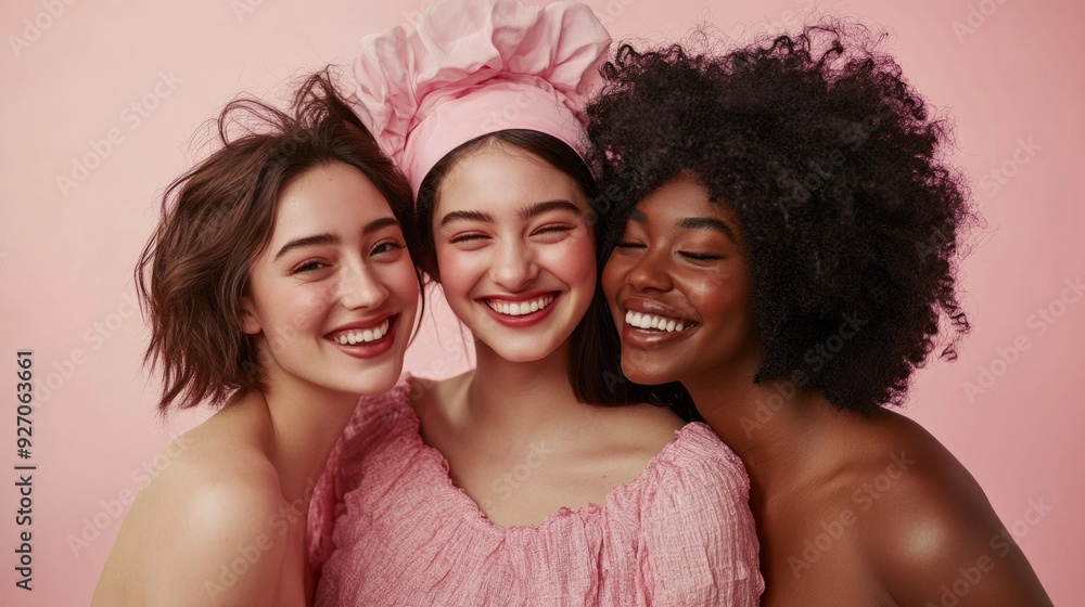Different races, women, pink, girly, high-end look, joy, happiness, Different races, women, pink, girly, high-end look, joy, happiness,