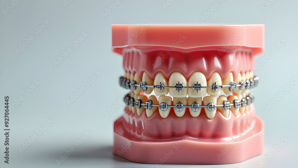 Model of teeth, close-up, orthodontic, tools, isolated on background Model of teeth, close-up, orthodontic, tools, isolated on background