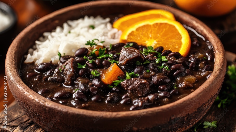 A close-up of Brazilian feijoada, a traditional black bean stew with pork, served with rice and orange slices. A close-up of Brazilian feijoada, a traditional black bean stew with pork, served with rice and orange slices.