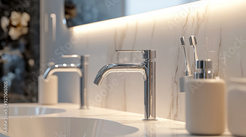 bathroom fixtures arranged by type/ sleek chrome faucets, minimalist showerheads, and elegant wall-mounted taps