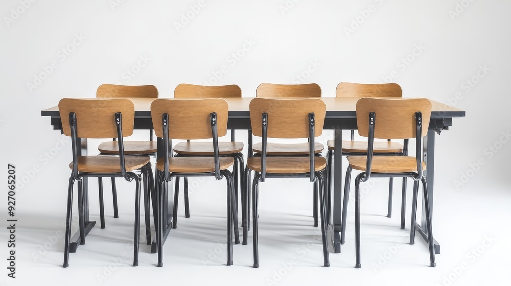 School desk and chairs arranged neatly on a white background, ideal for representing educational environments and student spaces School desk and chairs arranged neatly on a white background, ideal for representing educational environments and student spaces