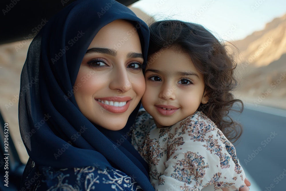 Mother and Daughter Smiling in a Car with Desert Landscape in the Background Mother and Daughter Smiling in a Car with Desert Landscape in the Background