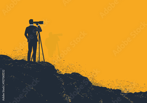 Businessman Exploring Future Opportunities with Telescope on Mountainpeak, Minimalistic Vector Illustration Representing Visionary Leadership and Strategic Planning in Finance and Business Concept