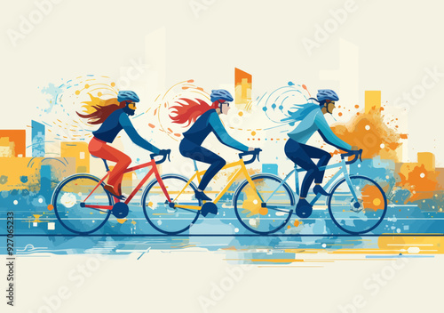 Dynamic Teamwork on Tandem Bicycle Chasing Success in Urban Business Environment Vibrant Vector Illustration