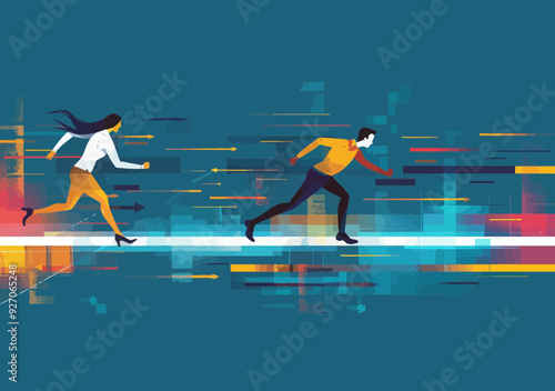 Illustration of Business Competition with Two Figures Running in Futuristic Setting Depicting Speed, Innovation, and Competitive Edge