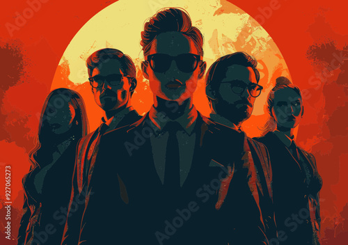 Confident Business Team in Suits with Sunglasses and Dramatic Lighting, Professional Unity, Success, Leadership, and Corporate Strength During Evening, Business Concept Vector Illustration
